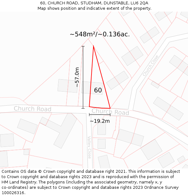 60, CHURCH ROAD, STUDHAM, DUNSTABLE, LU6 2QA: Plot and title map