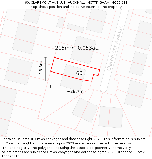 60, CLAREMONT AVENUE, HUCKNALL, NOTTINGHAM, NG15 6EE: Plot and title map