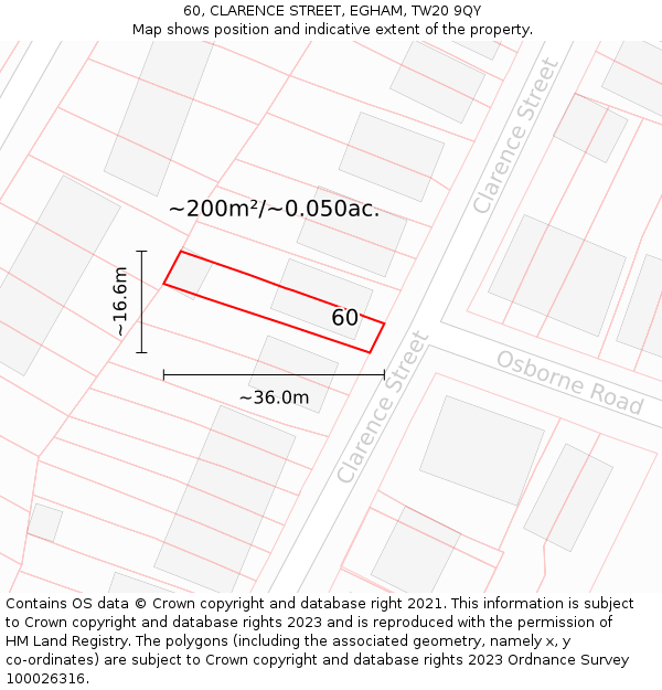 60, CLARENCE STREET, EGHAM, TW20 9QY: Plot and title map