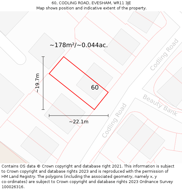 60, CODLING ROAD, EVESHAM, WR11 3JE: Plot and title map