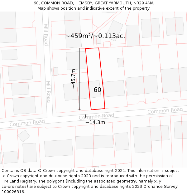 60, COMMON ROAD, HEMSBY, GREAT YARMOUTH, NR29 4NA: Plot and title map