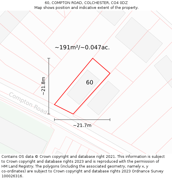 60, COMPTON ROAD, COLCHESTER, CO4 0DZ: Plot and title map