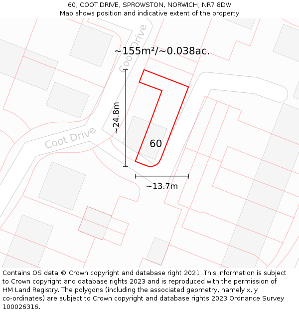 60, COOT DRIVE, SPROWSTON, NORWICH, NR7 8DW: Plot and title map