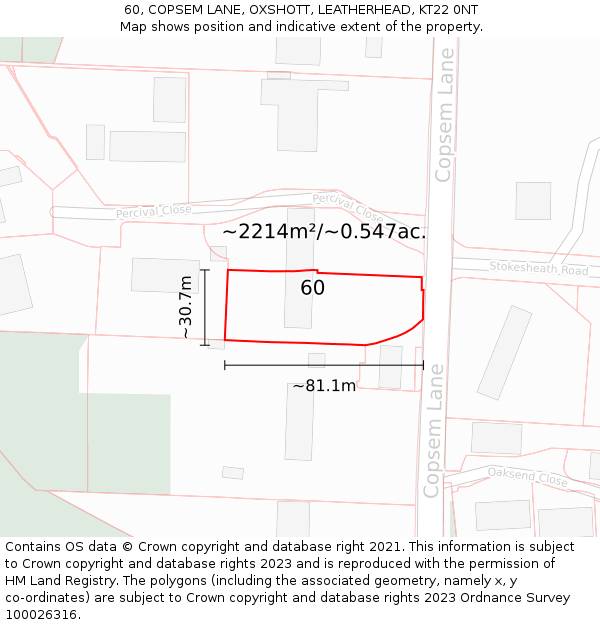 60, COPSEM LANE, OXSHOTT, LEATHERHEAD, KT22 0NT: Plot and title map
