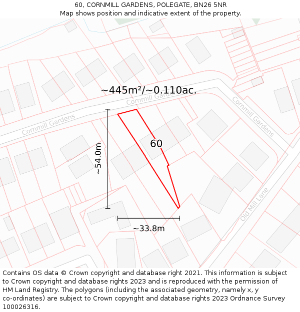 60, CORNMILL GARDENS, POLEGATE, BN26 5NR: Plot and title map