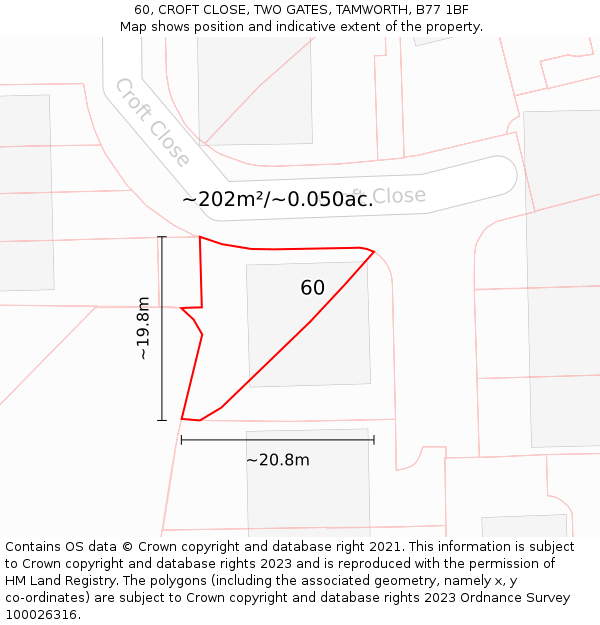 60, CROFT CLOSE, TWO GATES, TAMWORTH, B77 1BF: Plot and title map
