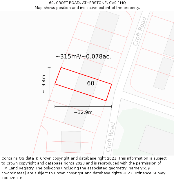 60, CROFT ROAD, ATHERSTONE, CV9 1HQ: Plot and title map