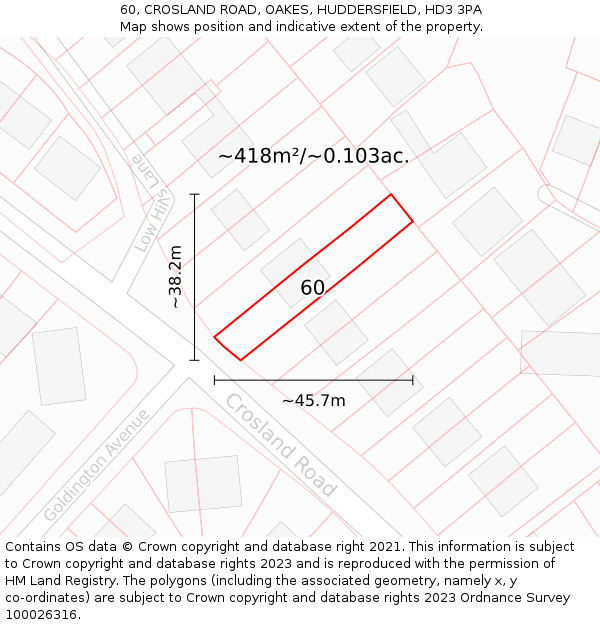 60, CROSLAND ROAD, OAKES, HUDDERSFIELD, HD3 3PA: Plot and title map