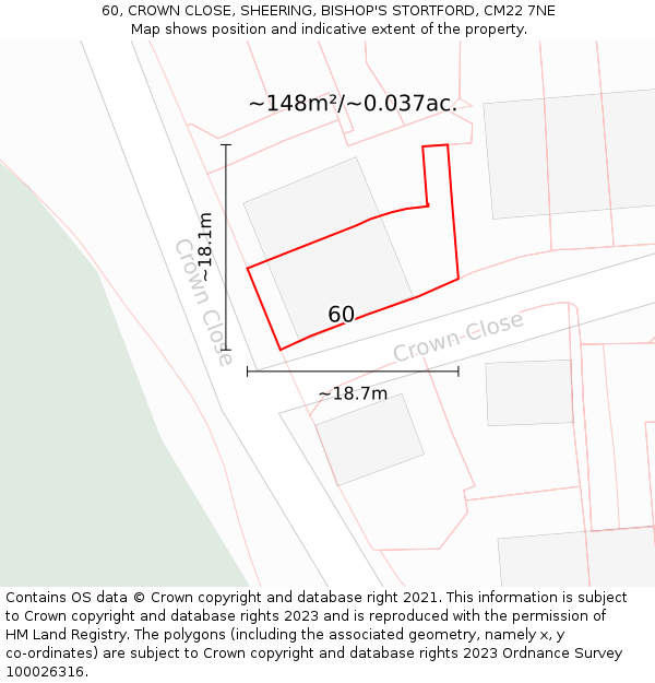 60, CROWN CLOSE, SHEERING, BISHOP'S STORTFORD, CM22 7NE: Plot and title map
