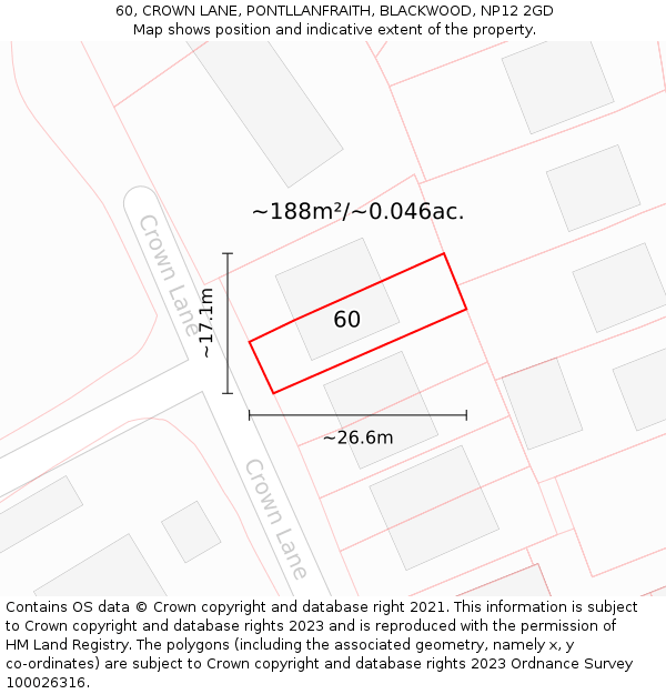 60, CROWN LANE, PONTLLANFRAITH, BLACKWOOD, NP12 2GD: Plot and title map