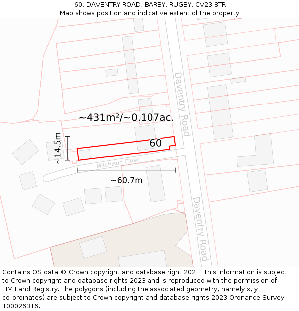60, DAVENTRY ROAD, BARBY, RUGBY, CV23 8TR: Plot and title map