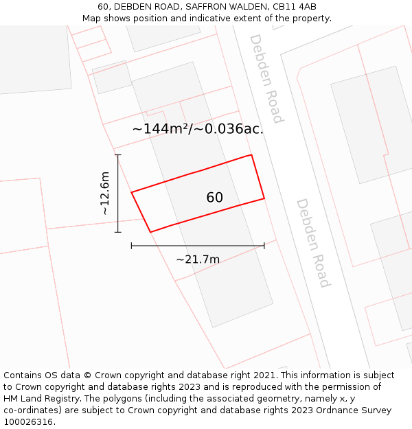 60, DEBDEN ROAD, SAFFRON WALDEN, CB11 4AB: Plot and title map