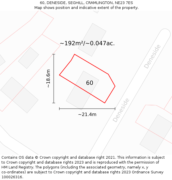 60, DENESIDE, SEGHILL, CRAMLINGTON, NE23 7ES: Plot and title map