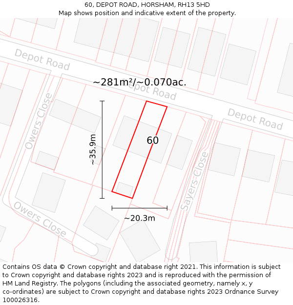 60, DEPOT ROAD, HORSHAM, RH13 5HD: Plot and title map