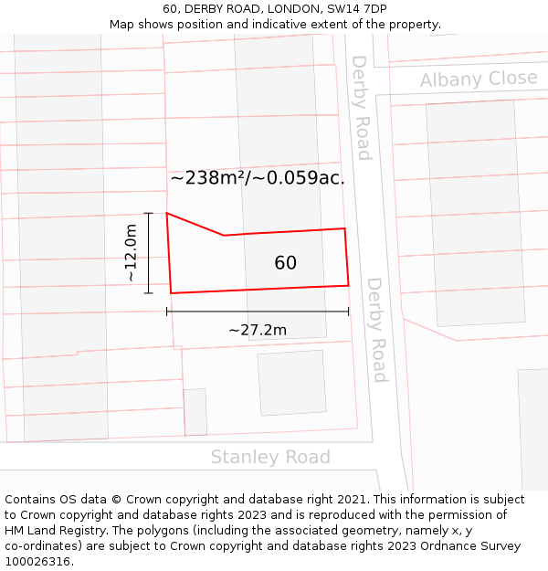 60, DERBY ROAD, LONDON, SW14 7DP: Plot and title map