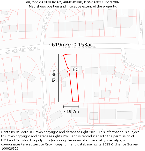 60, DONCASTER ROAD, ARMTHORPE, DONCASTER, DN3 2BN: Plot and title map