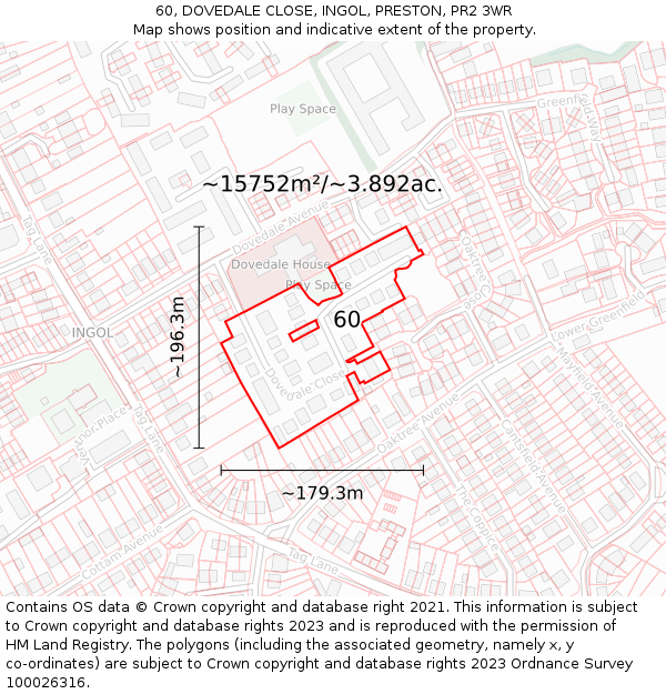 60, DOVEDALE CLOSE, INGOL, PRESTON, PR2 3WR: Plot and title map