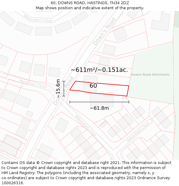 60, DOWNS ROAD, HASTINGS, TN34 2DZ: Plot and title map