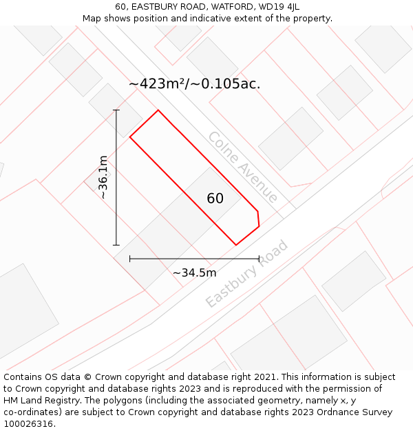 60, EASTBURY ROAD, WATFORD, WD19 4JL: Plot and title map