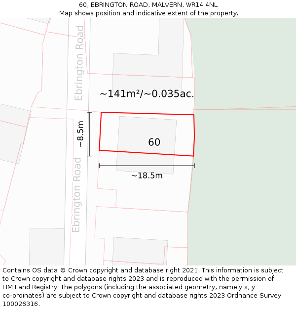 60, EBRINGTON ROAD, MALVERN, WR14 4NL: Plot and title map