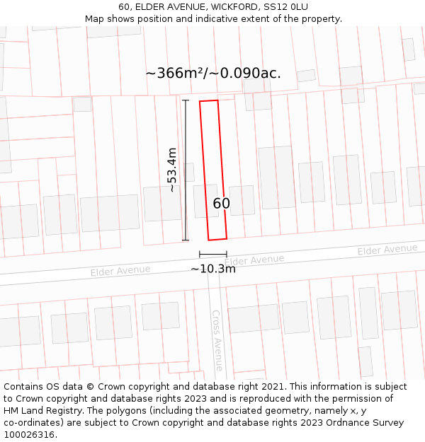 60, ELDER AVENUE, WICKFORD, SS12 0LU: Plot and title map