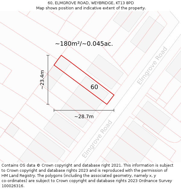 60, ELMGROVE ROAD, WEYBRIDGE, KT13 8PD: Plot and title map
