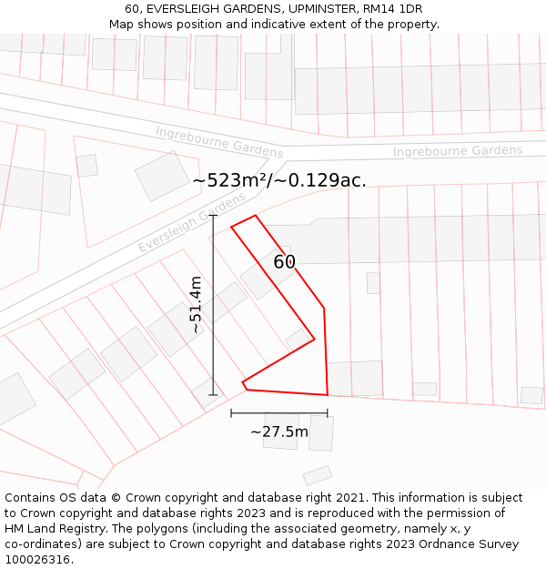 60, EVERSLEIGH GARDENS, UPMINSTER, RM14 1DR: Plot and title map