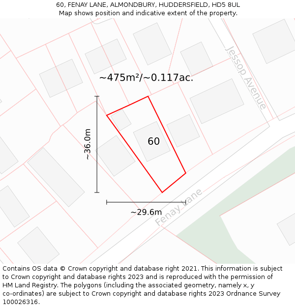 60, FENAY LANE, ALMONDBURY, HUDDERSFIELD, HD5 8UL: Plot and title map