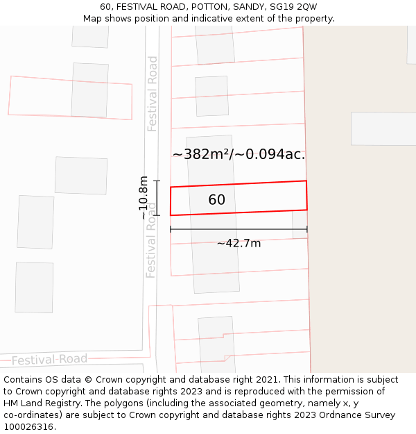 60, FESTIVAL ROAD, POTTON, SANDY, SG19 2QW: Plot and title map