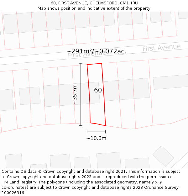 60, FIRST AVENUE, CHELMSFORD, CM1 1RU: Plot and title map