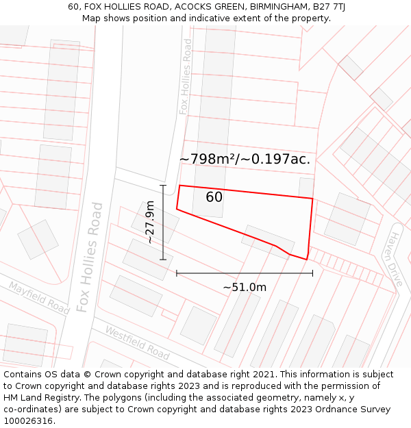 60, FOX HOLLIES ROAD, ACOCKS GREEN, BIRMINGHAM, B27 7TJ: Plot and title map