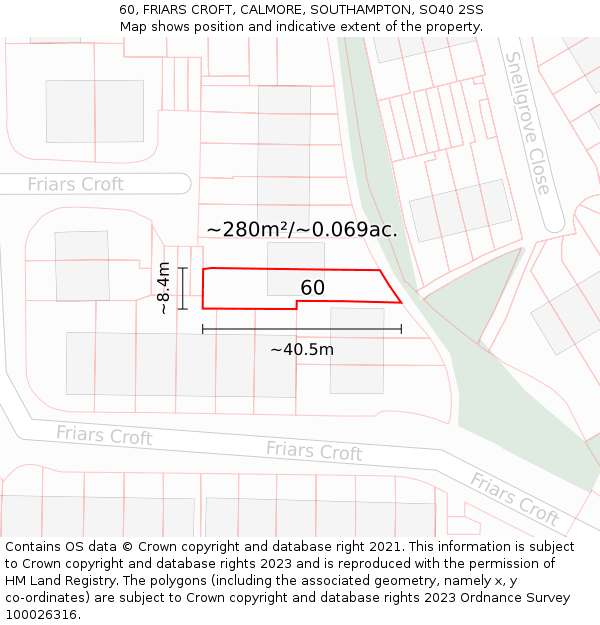 60, FRIARS CROFT, CALMORE, SOUTHAMPTON, SO40 2SS: Plot and title map