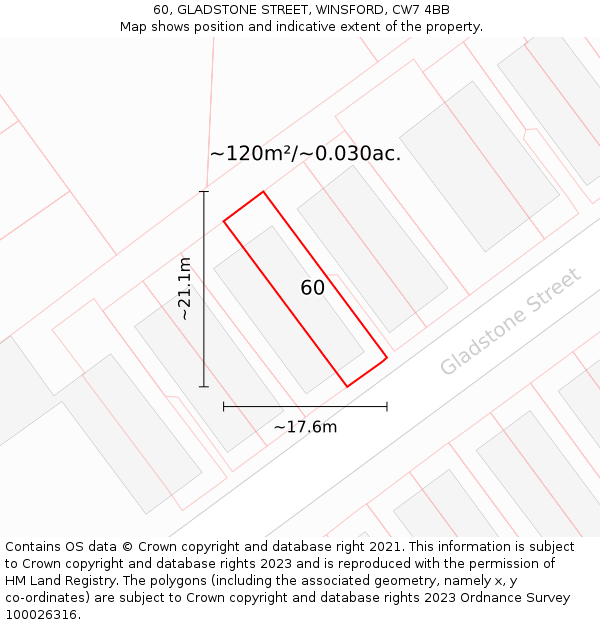 60, GLADSTONE STREET, WINSFORD, CW7 4BB: Plot and title map