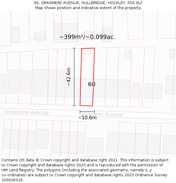 60, GRASMERE AVENUE, HULLBRIDGE, HOCKLEY, SS5 6LF: Plot and title map