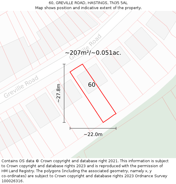 60, GREVILLE ROAD, HASTINGS, TN35 5AL: Plot and title map