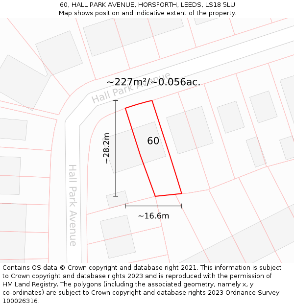 60, HALL PARK AVENUE, HORSFORTH, LEEDS, LS18 5LU: Plot and title map