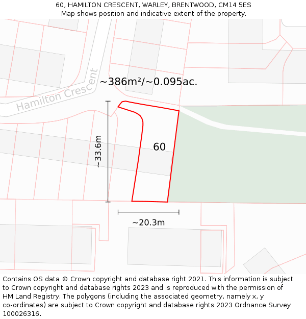 60, HAMILTON CRESCENT, WARLEY, BRENTWOOD, CM14 5ES: Plot and title map