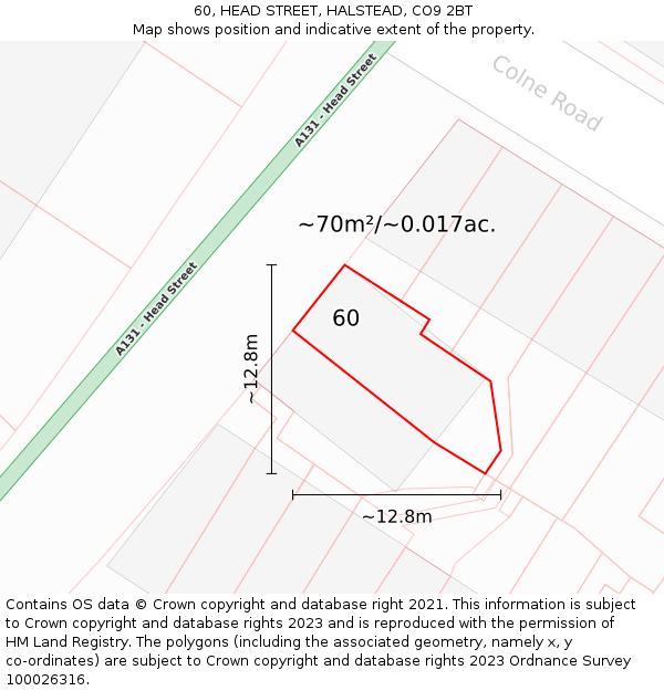 60, HEAD STREET, HALSTEAD, CO9 2BT: Plot and title map