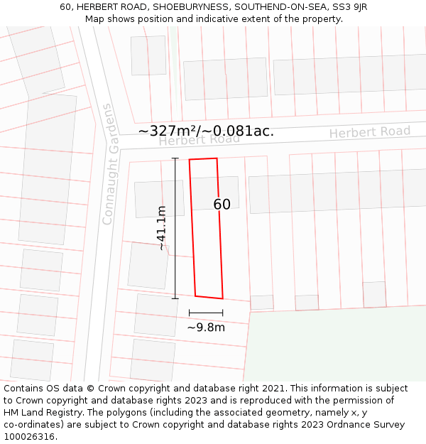 60, HERBERT ROAD, SHOEBURYNESS, SOUTHEND-ON-SEA, SS3 9JR: Plot and title map