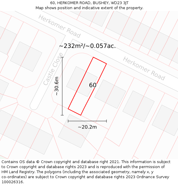 60, HERKOMER ROAD, BUSHEY, WD23 3JT: Plot and title map