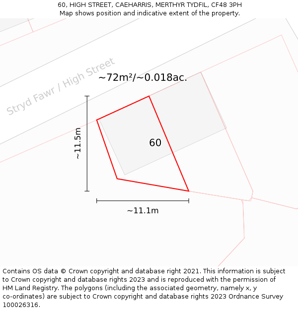 60, HIGH STREET, CAEHARRIS, MERTHYR TYDFIL, CF48 3PH: Plot and title map
