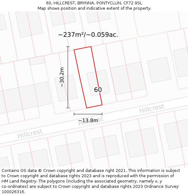 60, HILLCREST, BRYNNA, PONTYCLUN, CF72 9SL: Plot and title map