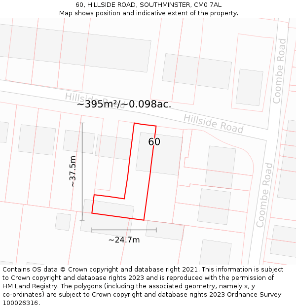 60, HILLSIDE ROAD, SOUTHMINSTER, CM0 7AL: Plot and title map