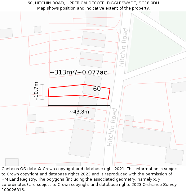 60, HITCHIN ROAD, UPPER CALDECOTE, BIGGLESWADE, SG18 9BU: Plot and title map