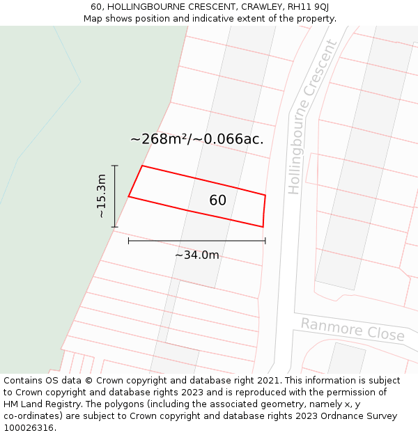 60, HOLLINGBOURNE CRESCENT, CRAWLEY, RH11 9QJ: Plot and title map