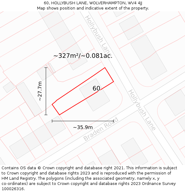 60, HOLLYBUSH LANE, WOLVERHAMPTON, WV4 4JJ: Plot and title map