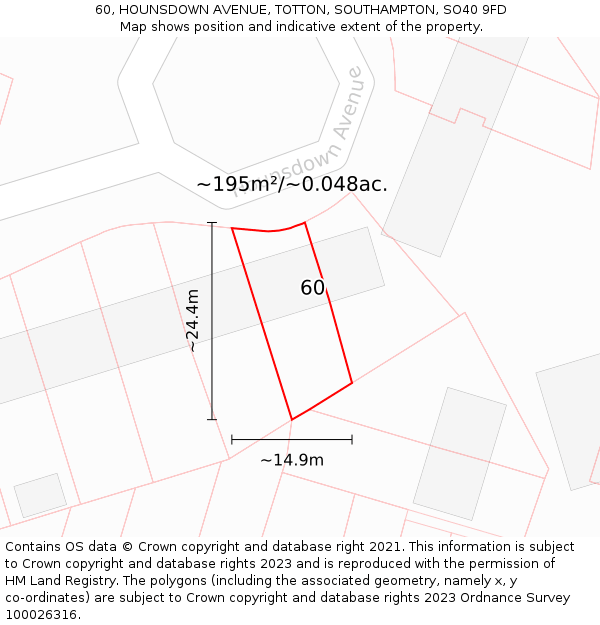 60, HOUNSDOWN AVENUE, TOTTON, SOUTHAMPTON, SO40 9FD: Plot and title map