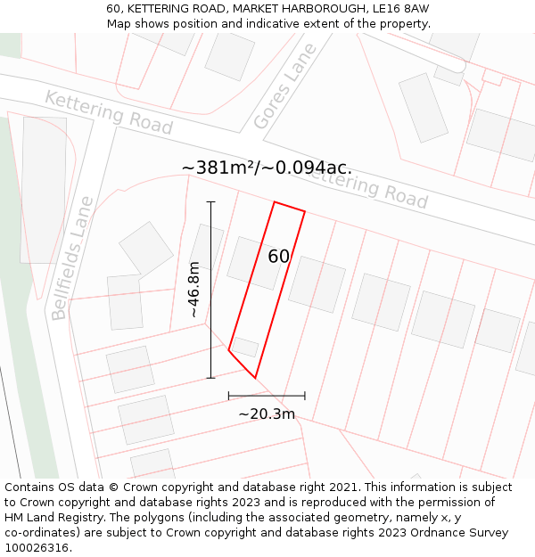 60, KETTERING ROAD, MARKET HARBOROUGH, LE16 8AW: Plot and title map