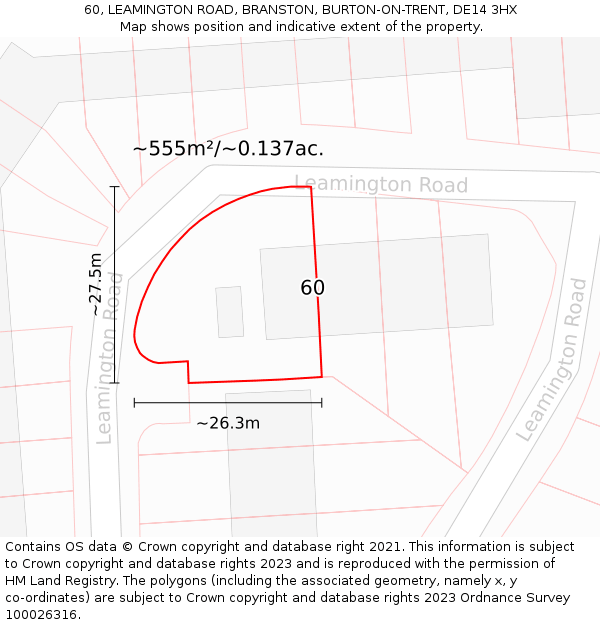 60, LEAMINGTON ROAD, BRANSTON, BURTON-ON-TRENT, DE14 3HX: Plot and title map
