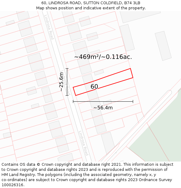 60, LINDROSA ROAD, SUTTON COLDFIELD, B74 3LB: Plot and title map